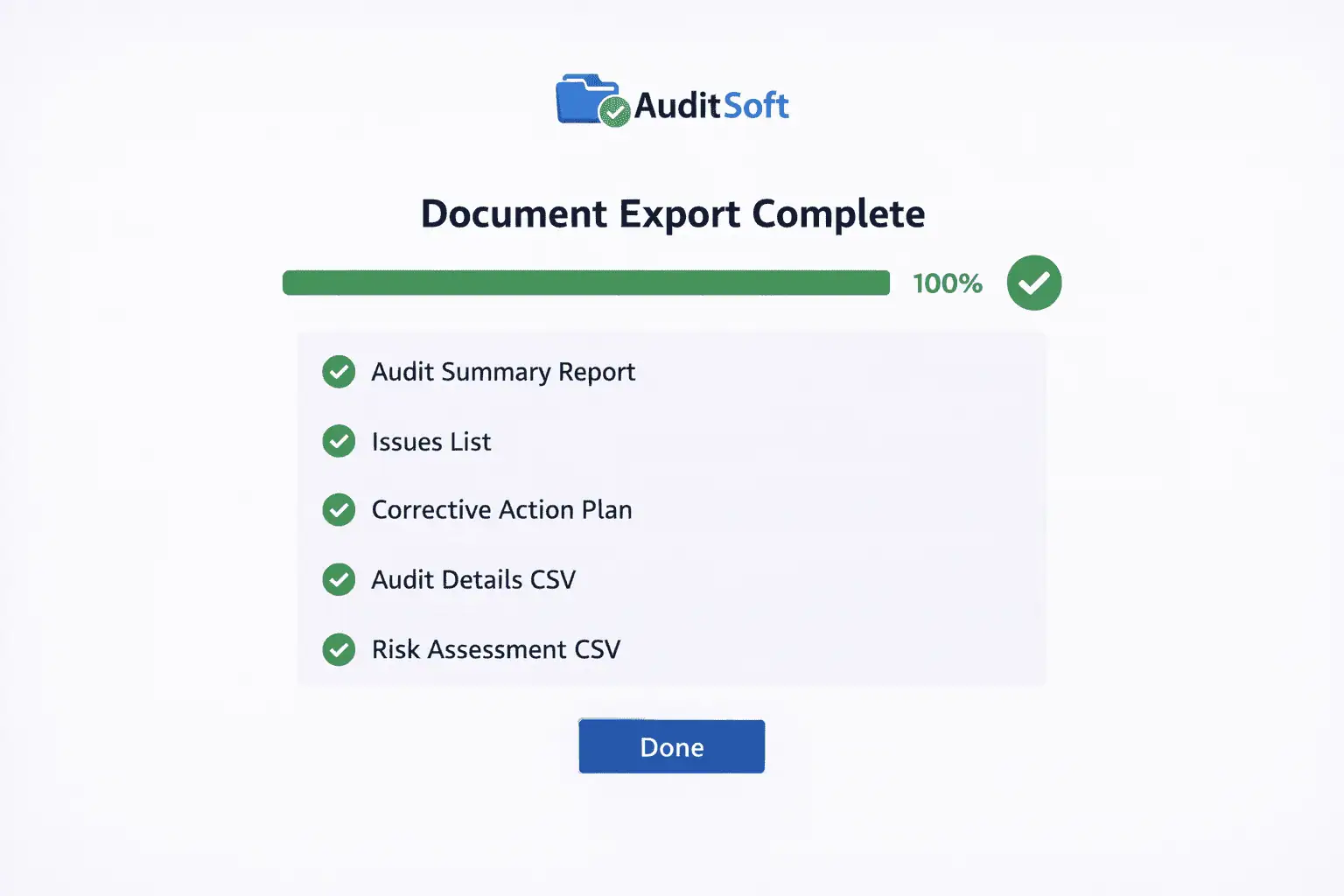 AuditSoft export screen showing document package export confirmation
