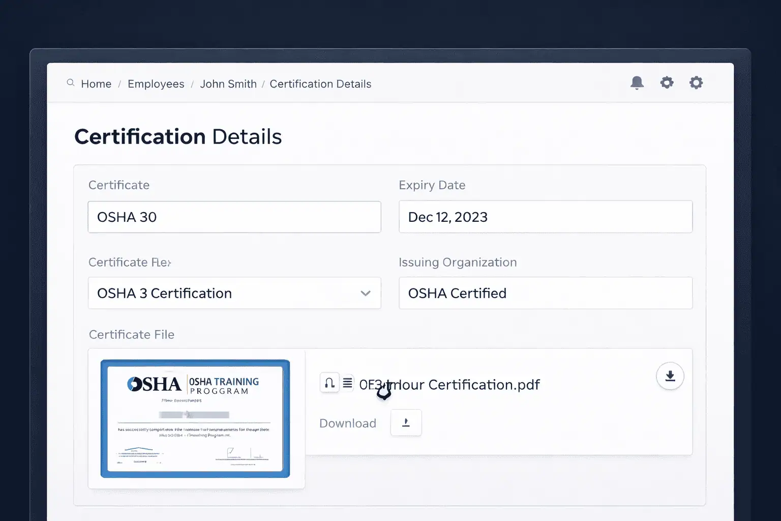 Close-up of certification management screen showing certification categories, expiry dates, and worker assignment table