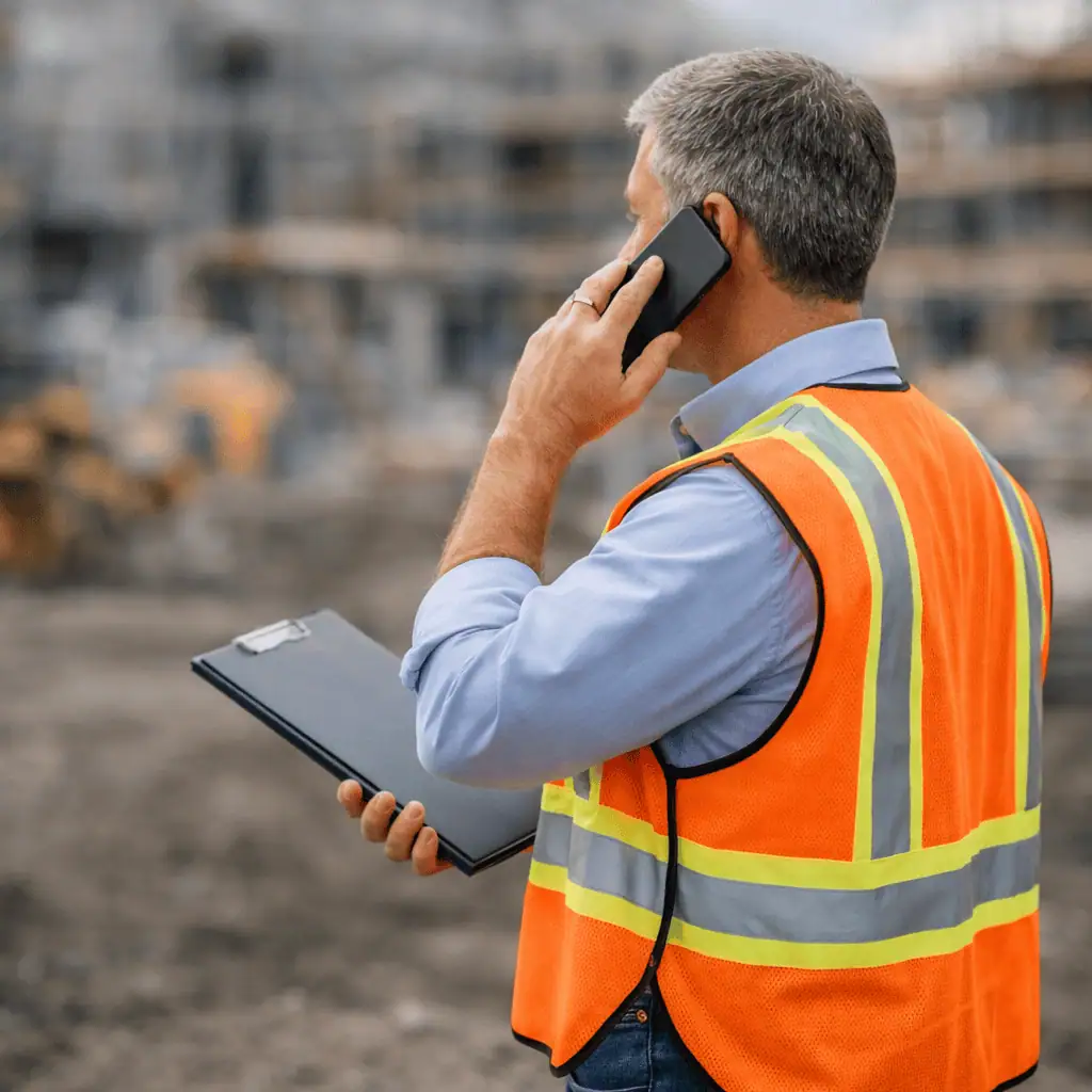 Safety consultant reviewing documents with a construction company owner at a desk or job site office — professional, approachable