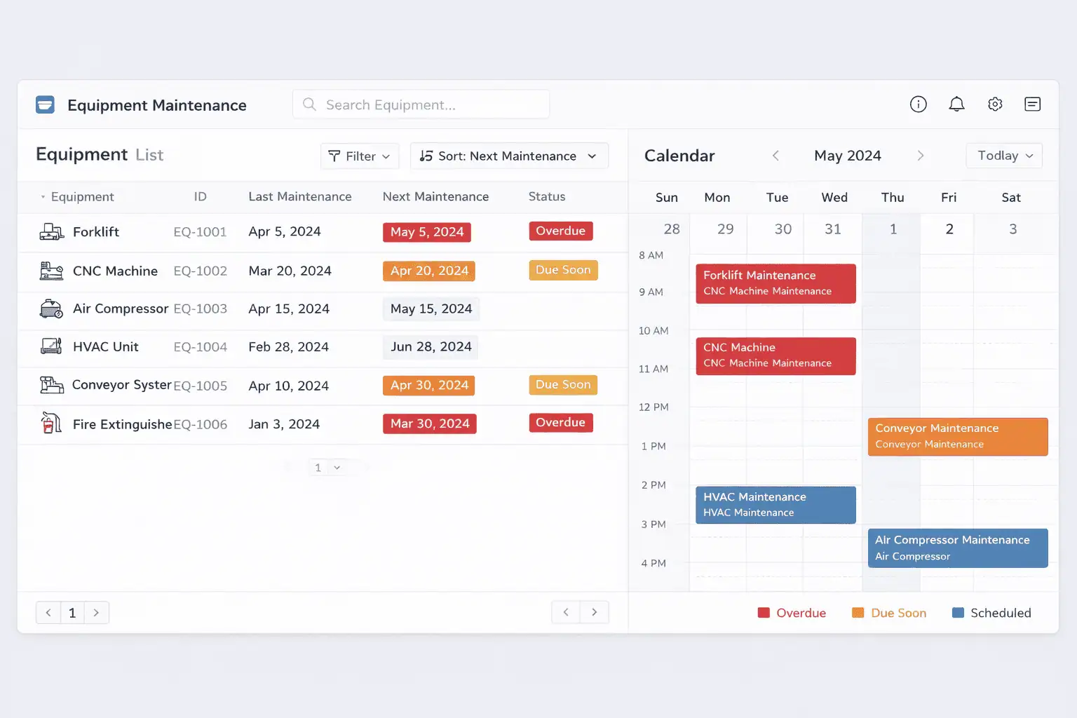 Equipment maintenance dashboard showing upcoming maintenance schedule, equipment list, and deficiency report status indicators
