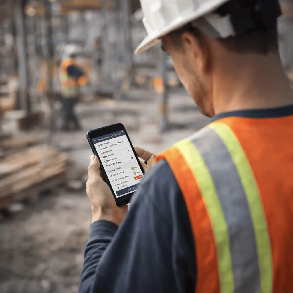 Construction worker in hard hat and safety vest completing a digital form on a smartphone on an active job site
