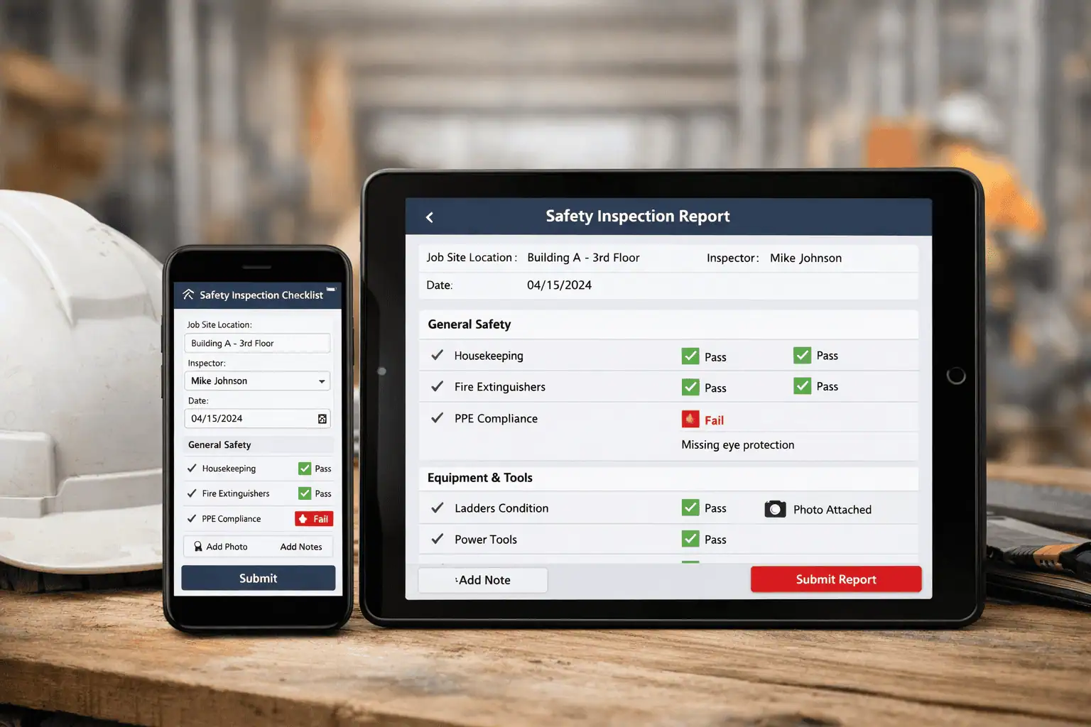 Mobile phone and tablet showing digital safety inspection forms being filled out on a job site