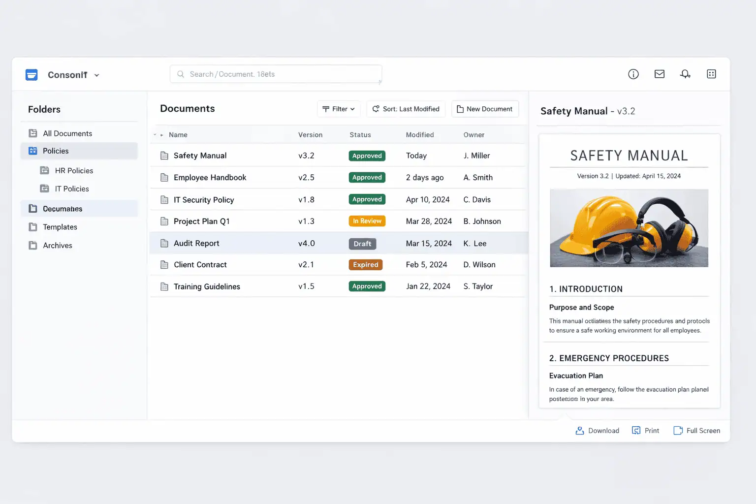 Document registry dashboard showing folders, document versions, approval status badges, and COR element mapping