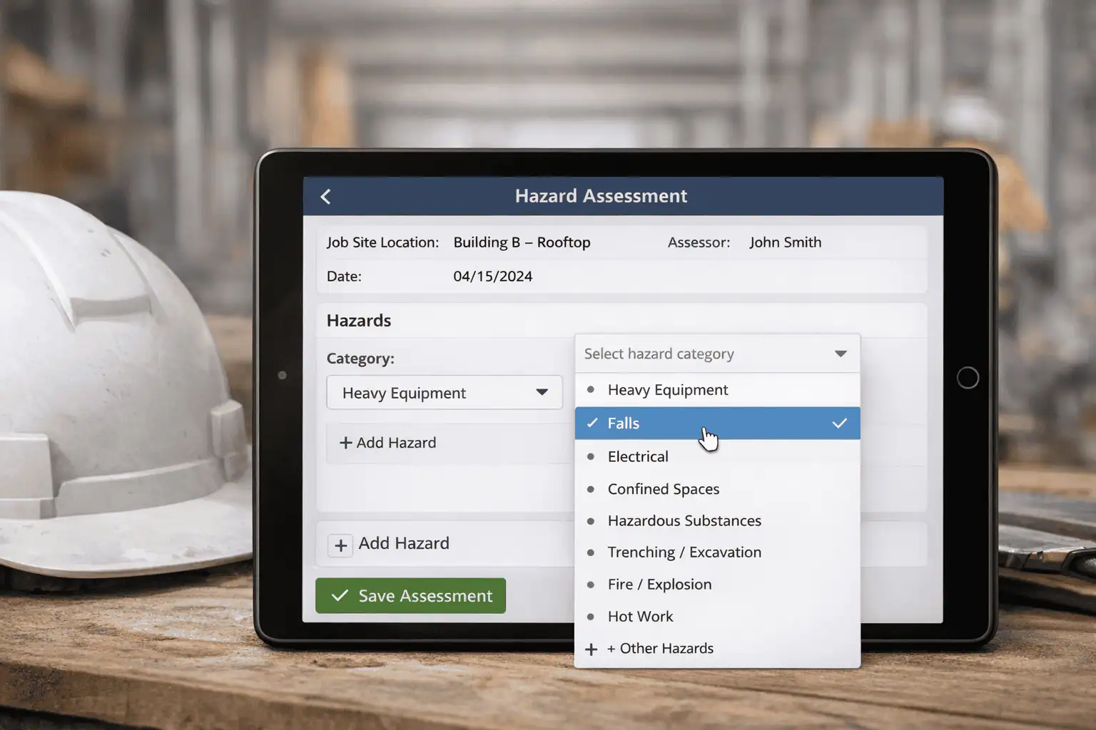 Digital hazard assessment form on tablet showing a dropdown list of pre-populated hazard types from a library