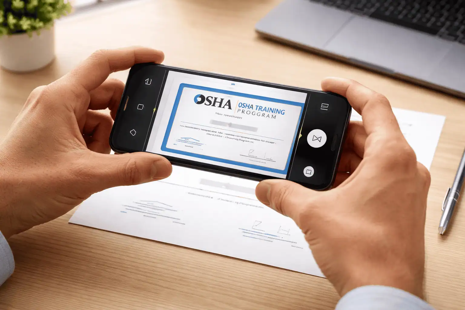 Worker using a smartphone camera to photograph a paper training certificate for upload into the app
