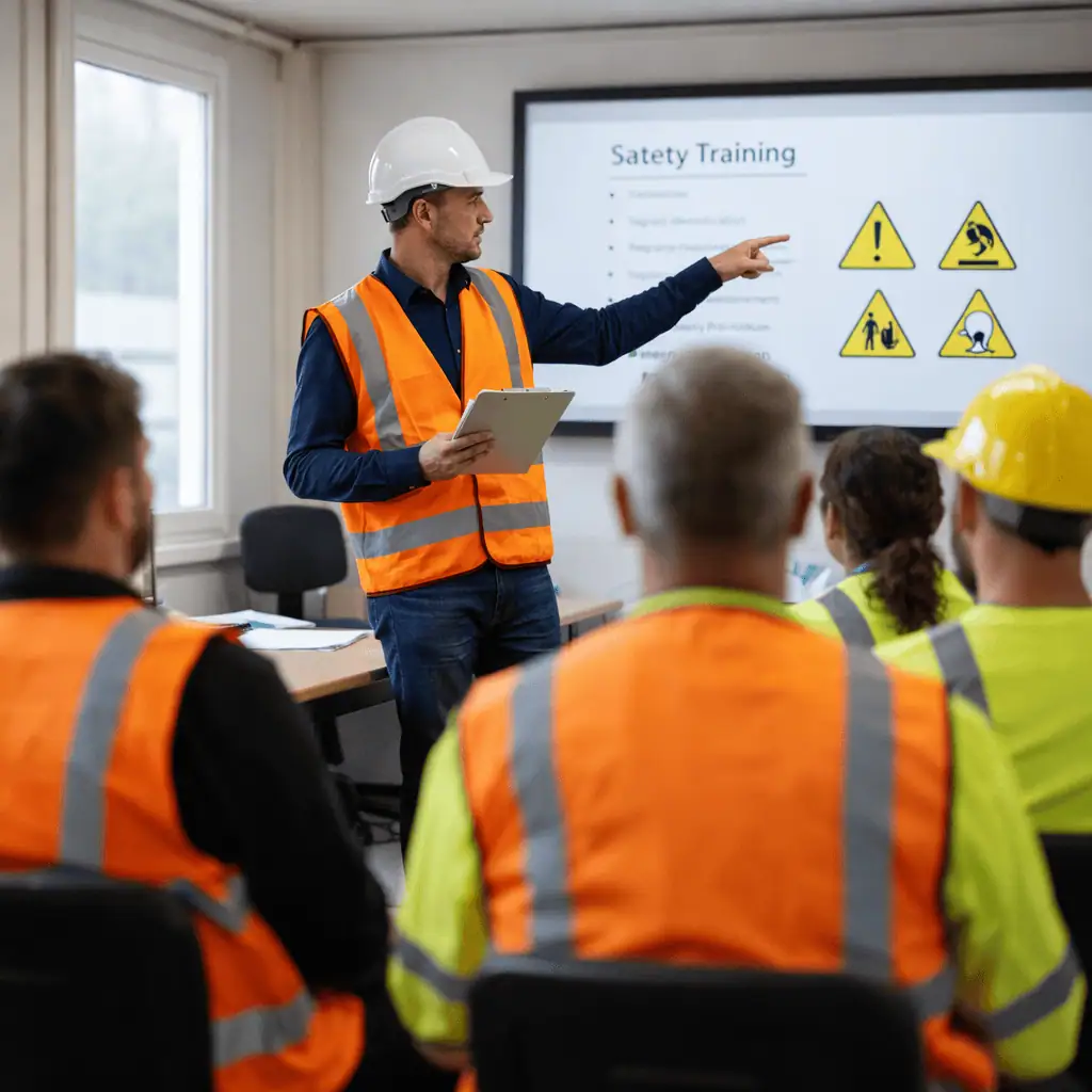 Safety trainer standing in front of a small group of construction workers in a site office delivering a toolbox talk