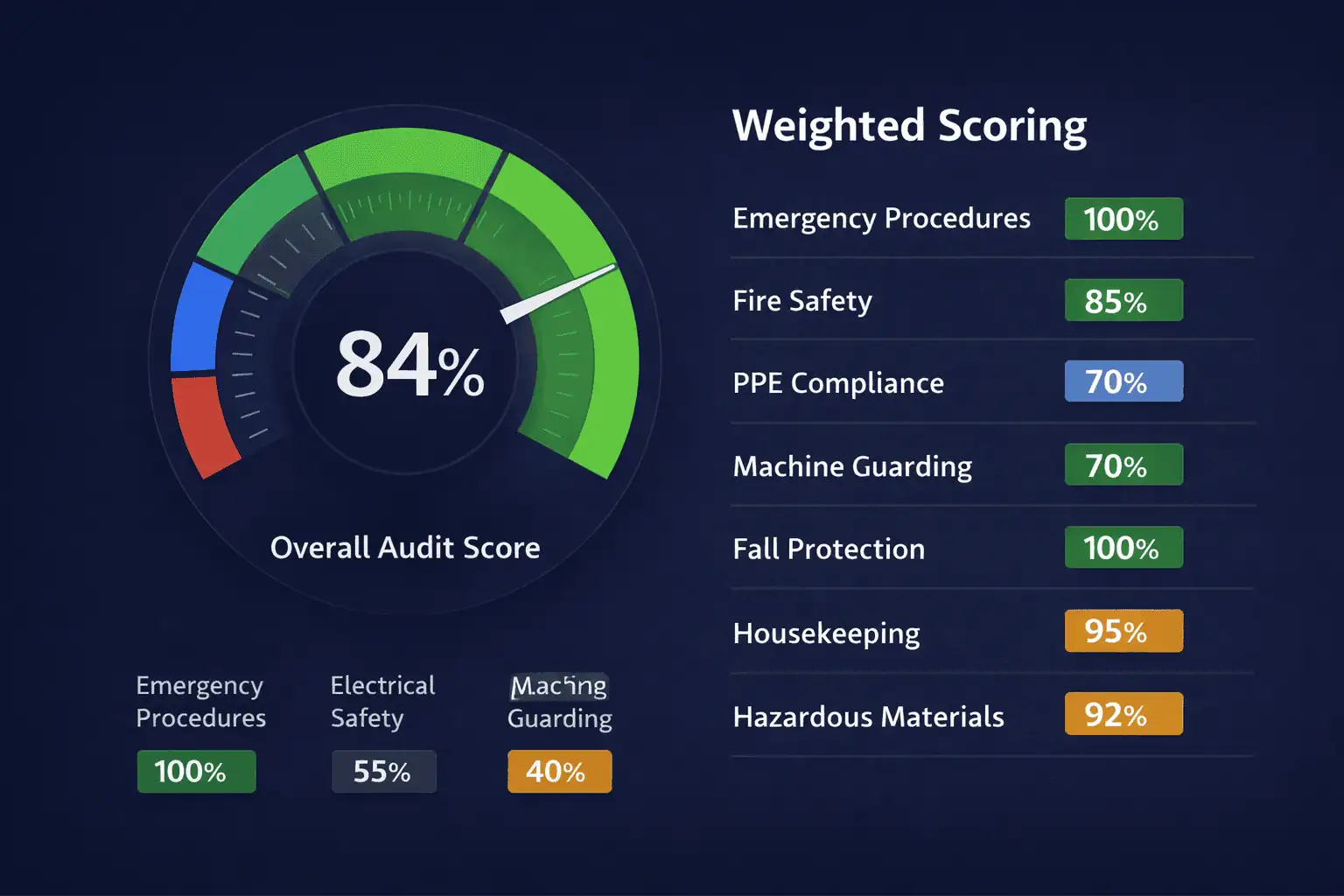 COR audit scoring dashboard showing weighted element scores and an overall compliance percentage gauge