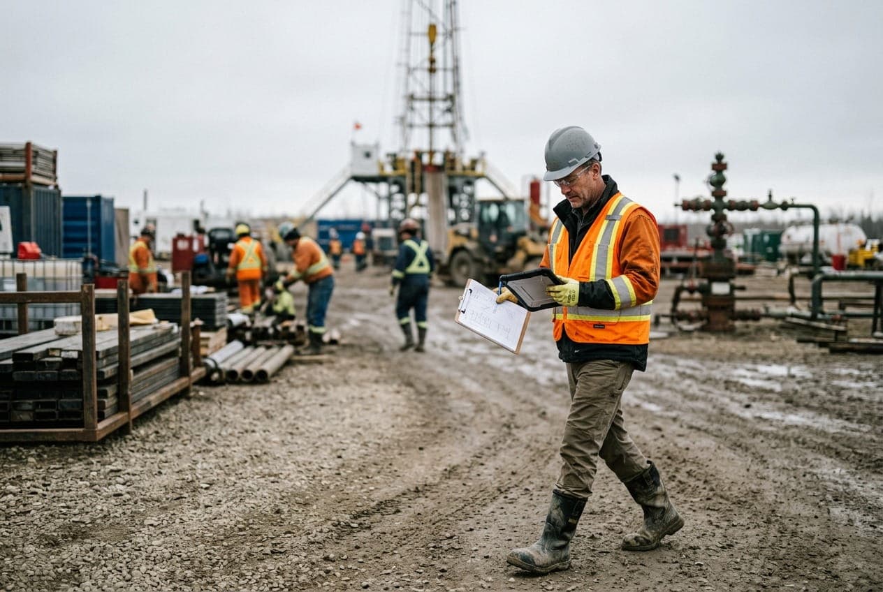 Safety auditor in hi-vis performing an inspection with a tablet at an industrial site.