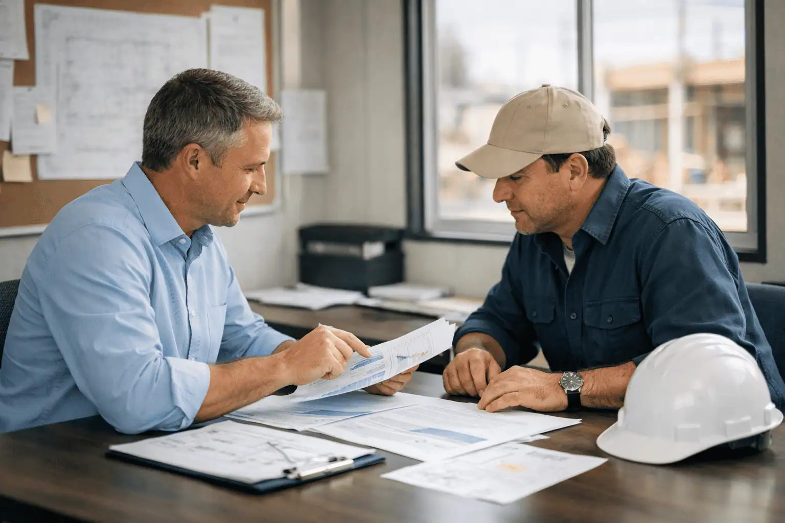 Clean overhead shot of a desk with a calculator, contract documents, a hard hat, and a coffee mug — pricing and planning concept