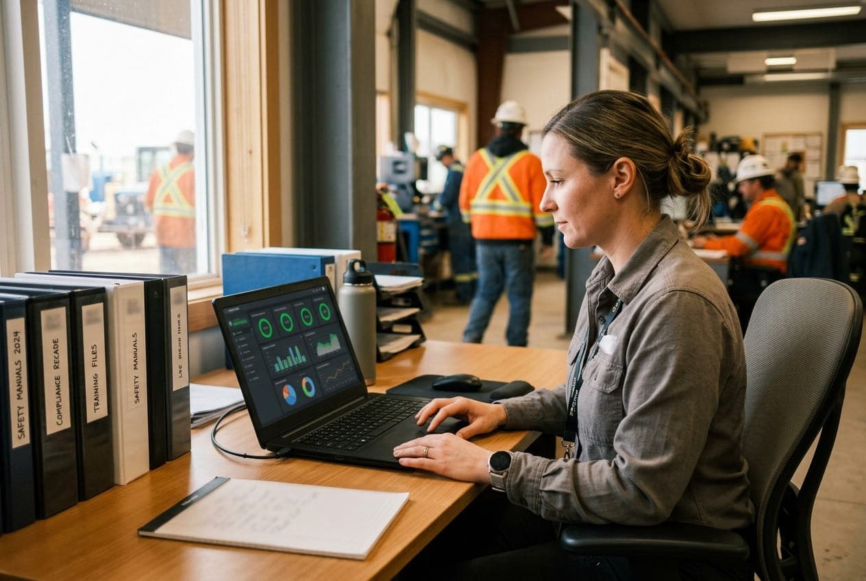 Safety coordinator reviewing a compliance dashboard on a laptop in a contractor office with crew in the background.