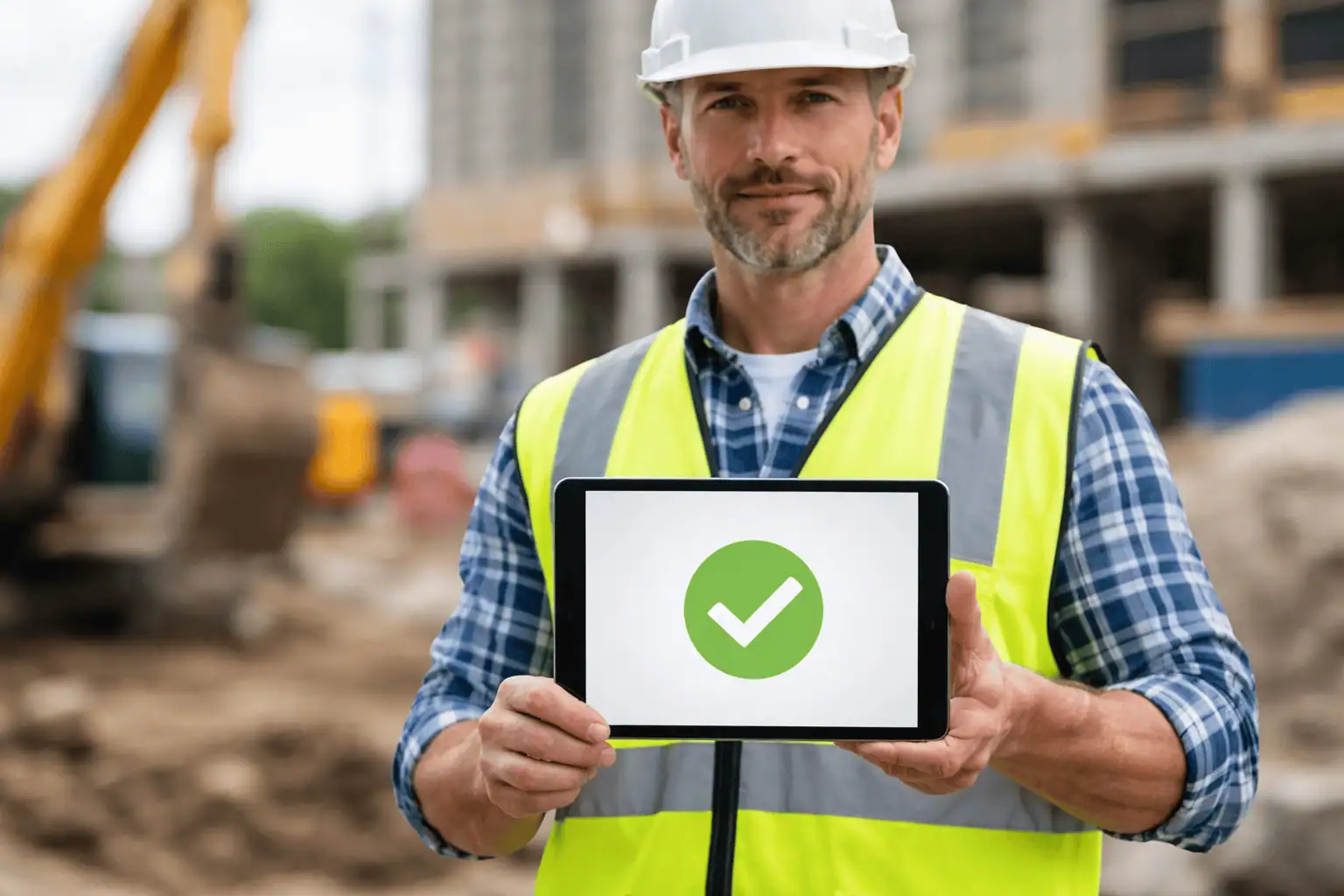 Contractor on a job site holding a tablet showing a green approved compliance status screen