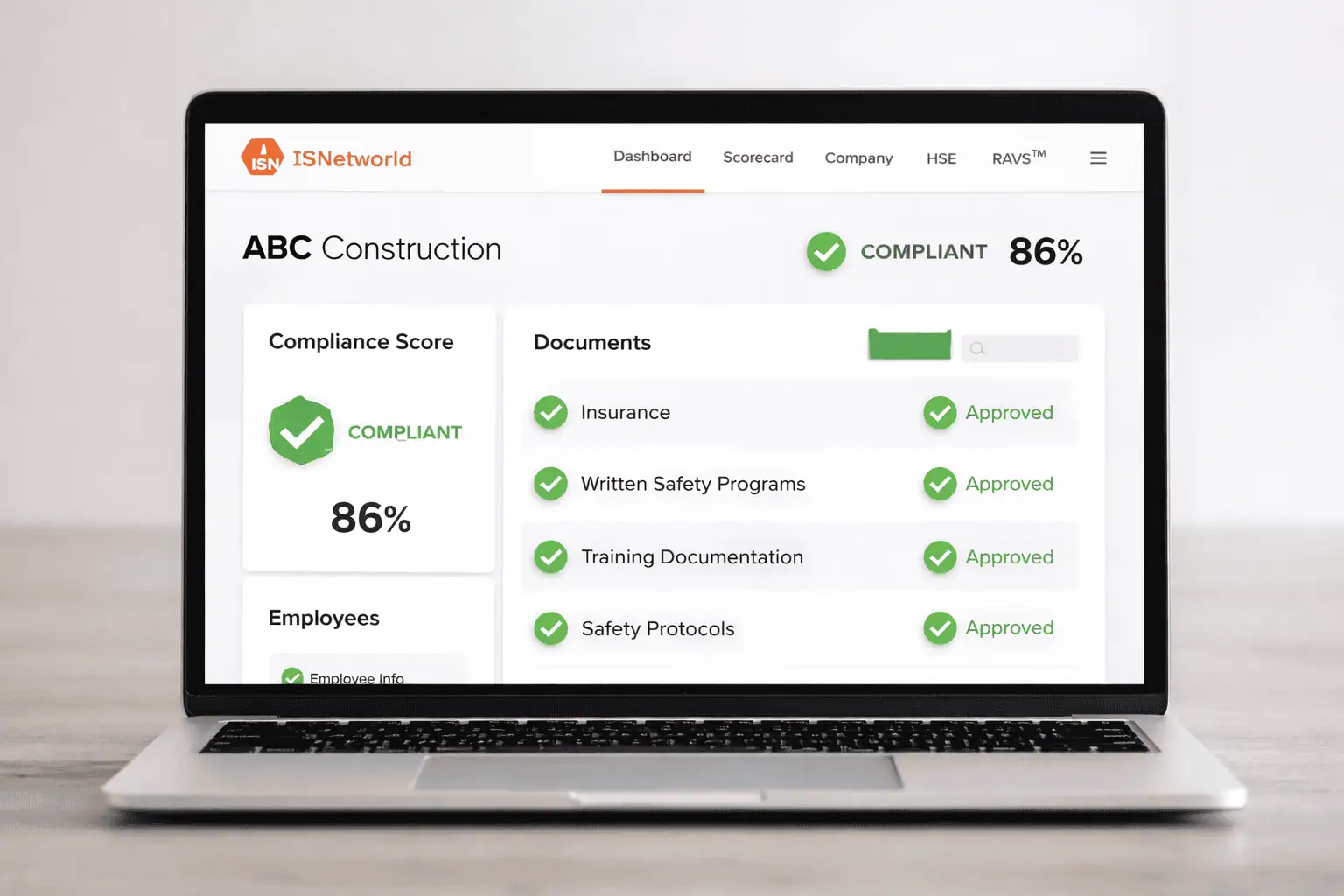 Close-up of a laptop screen showing an ISNetworld-style contractor compliance dashboard with a green approved status badge