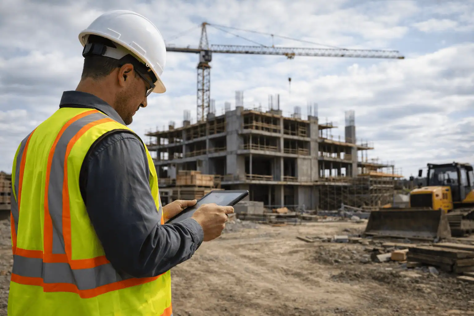 Safety professional in hard hat and vest conducting a job site inspection β reviewing a clipboard or tablet, heavy equipment in background, natural light
