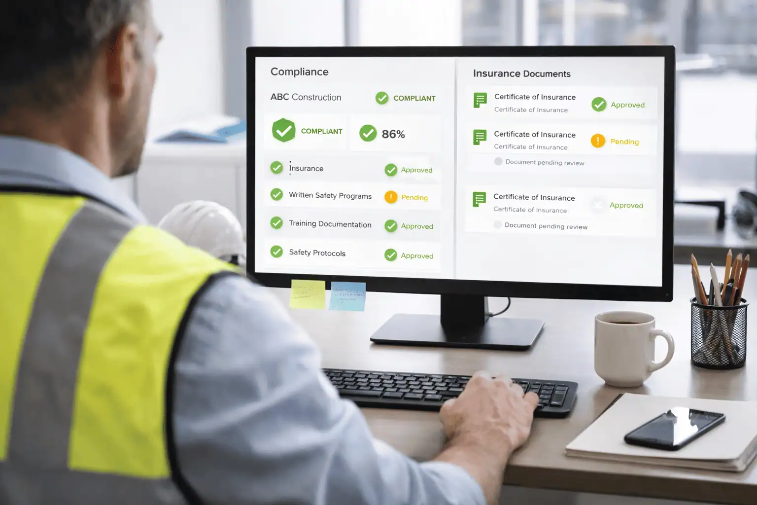 Safety manager at a desk reviewing compliance documents on a computer โ organized desk, professional office or site trailer setting