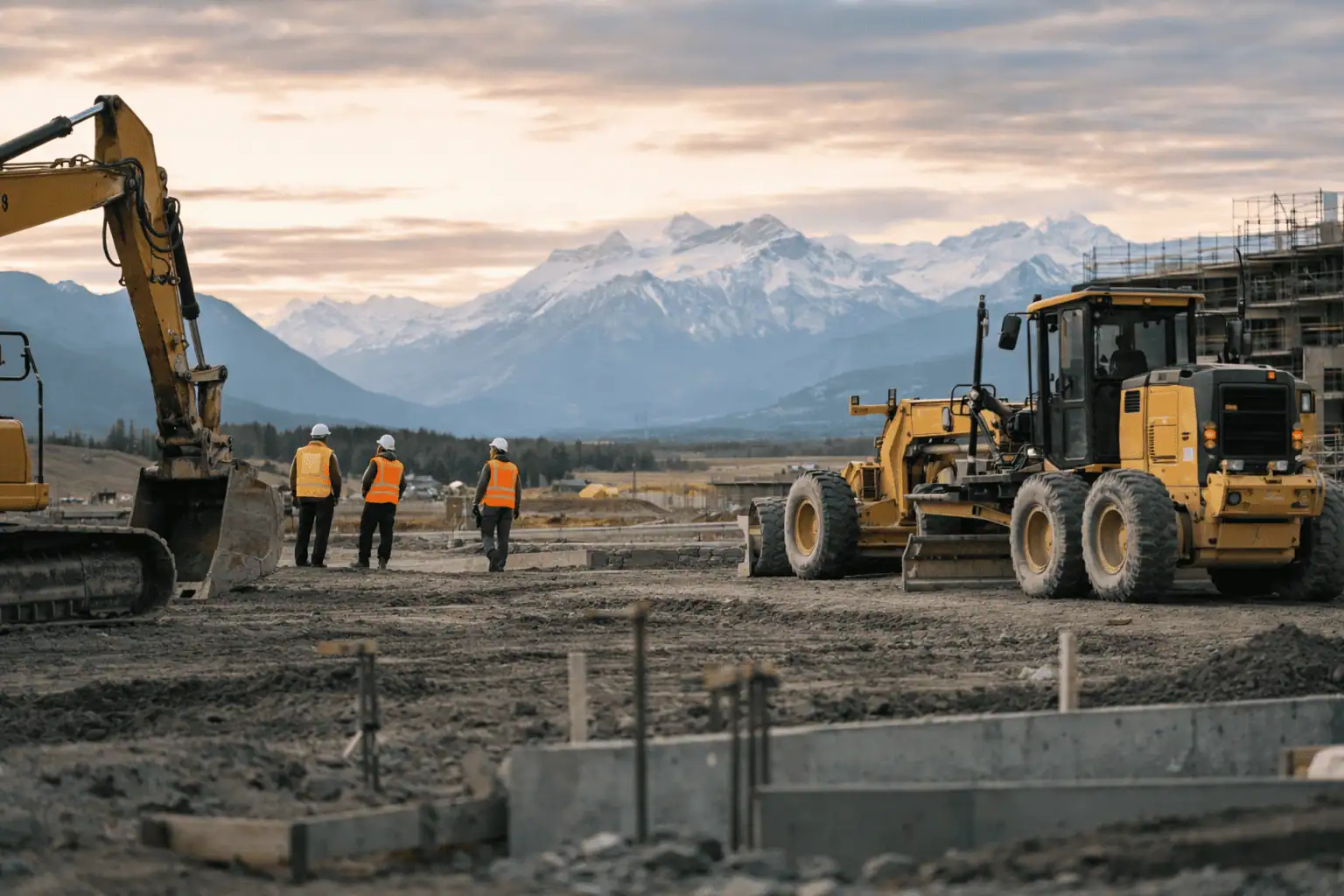 Wide shot of a Canadian construction site at golden hour β crane, heavy equipment, workers in high-vis vests, dramatic sky β conveys scale and professionalism