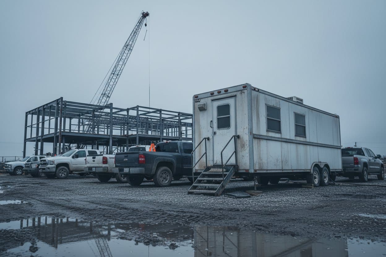 A site office trailer on a gravel pad, with a pickup parked alongside and hoarding behind